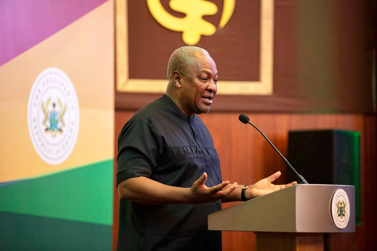 FILE - Ghana's President John Mahama speaks to the media at the Jubilee House in Accra, Ghana, Sept. 10, 2025. (Ghana Presidency via AP, File)