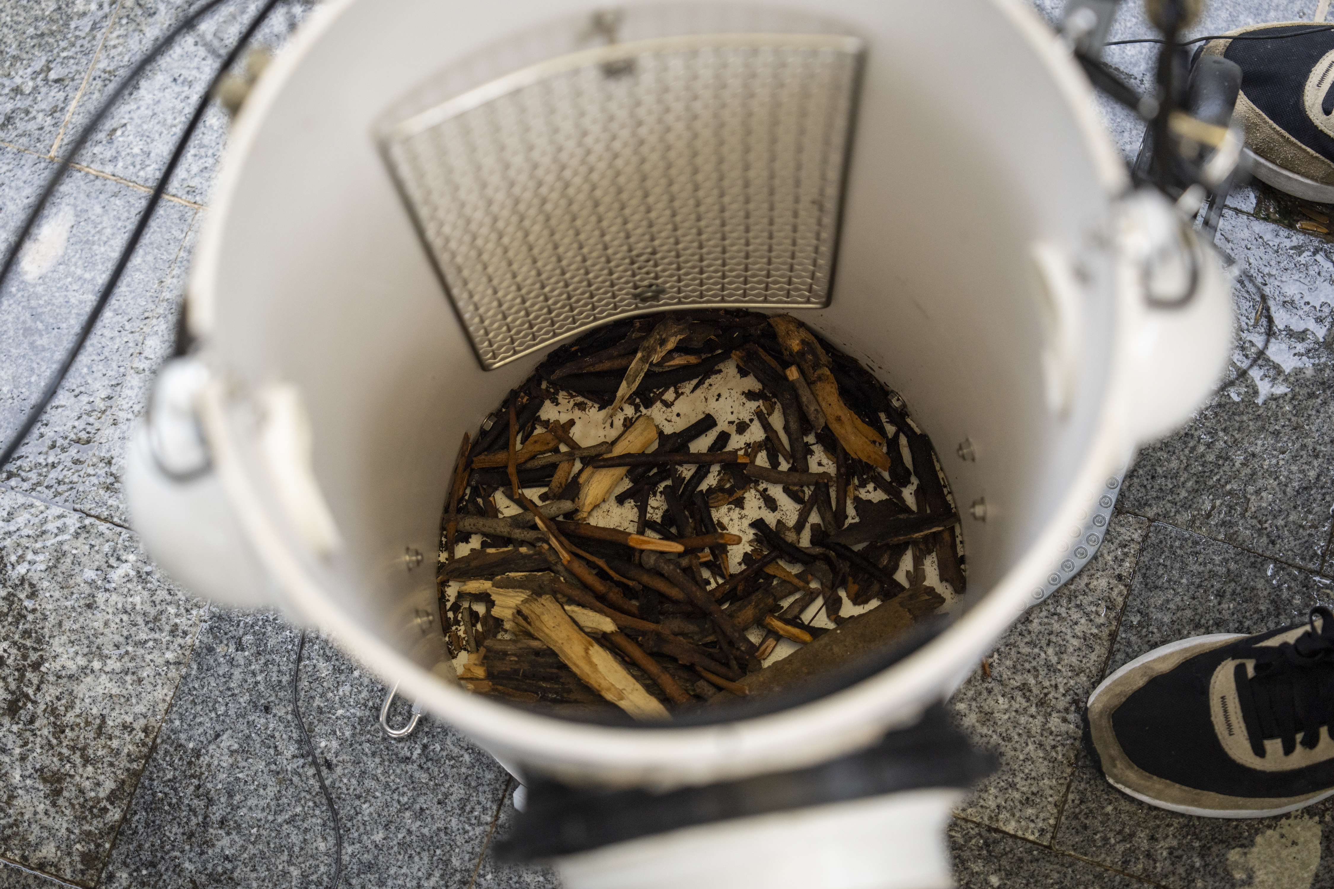 Sticks are placed on the bottom of an artificial nest box for wild yellow-crested cockatoos in Victoria Park in Hong Kong, on Aug. 18, 2025. (AP Photo/Chan Long Hei)