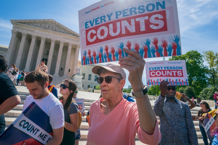 FILE - Immigration activists rally outside the Supreme Court as the justices hear arguments over the Trump administration's plan to ask about citizenship on the 2020 census, in Washington, April 23, 2019. (AP Photo/J. Scott Applewhite, File)
