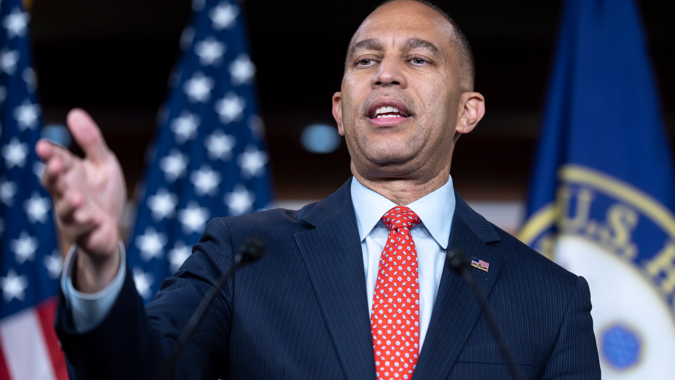 House Minority Leader Hakeem Jeffries, D-N.Y., tells reporters that Republicans are jeopardizing health care for Americans with their policies and their strategy to fund the government before the deadline at the end of the month, at the Capitol in Washington, Tuesday, Sept. 16, 2025. (AP Photo/J. Scott Applewhite)