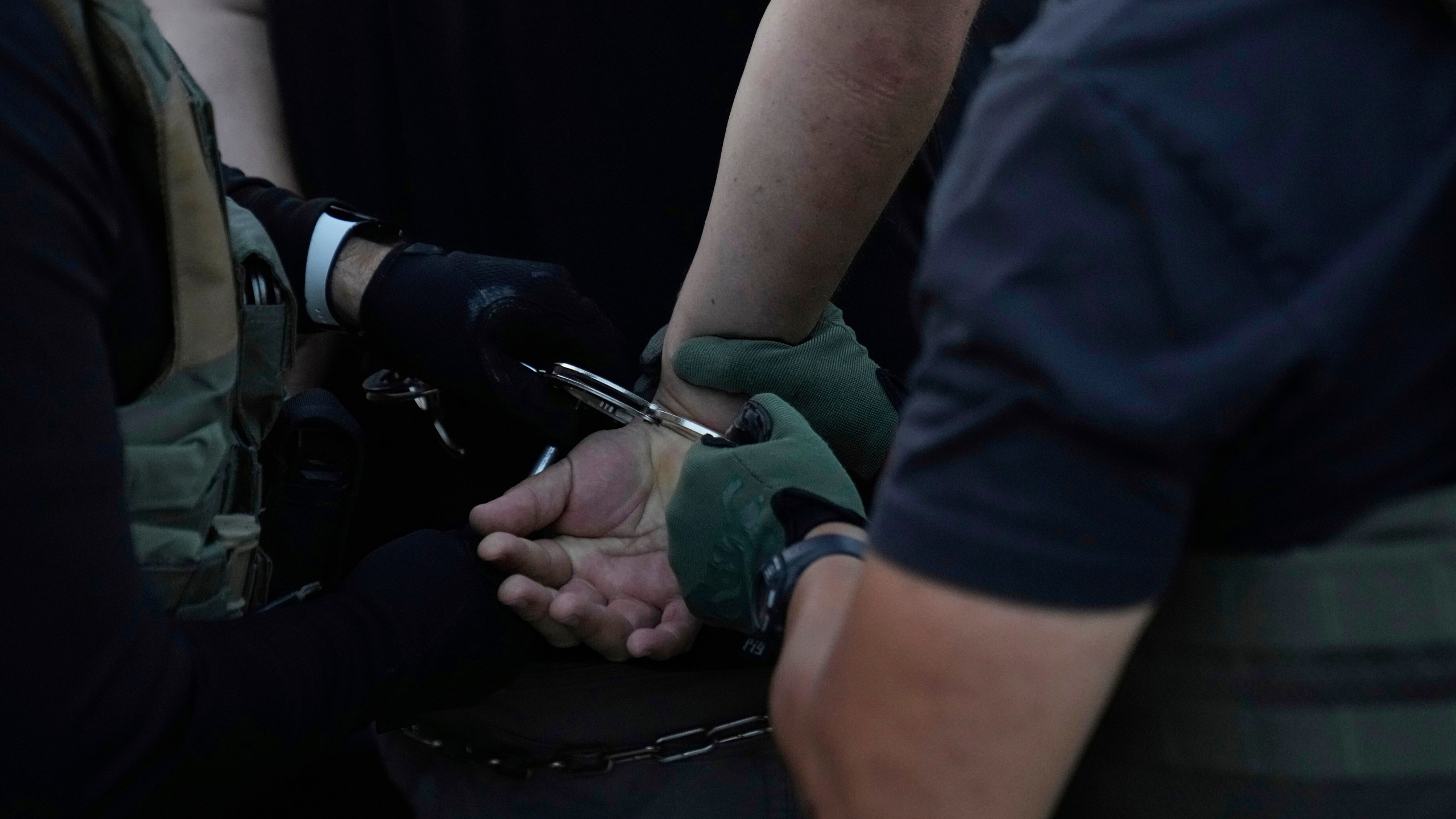 U.S. Immigration and Customs Enforcement agents make an arrest during an early morning operation in Park Ridge, Ill., Friday, Sept. 19, 2025. (AP Photo/Erin Hooley)