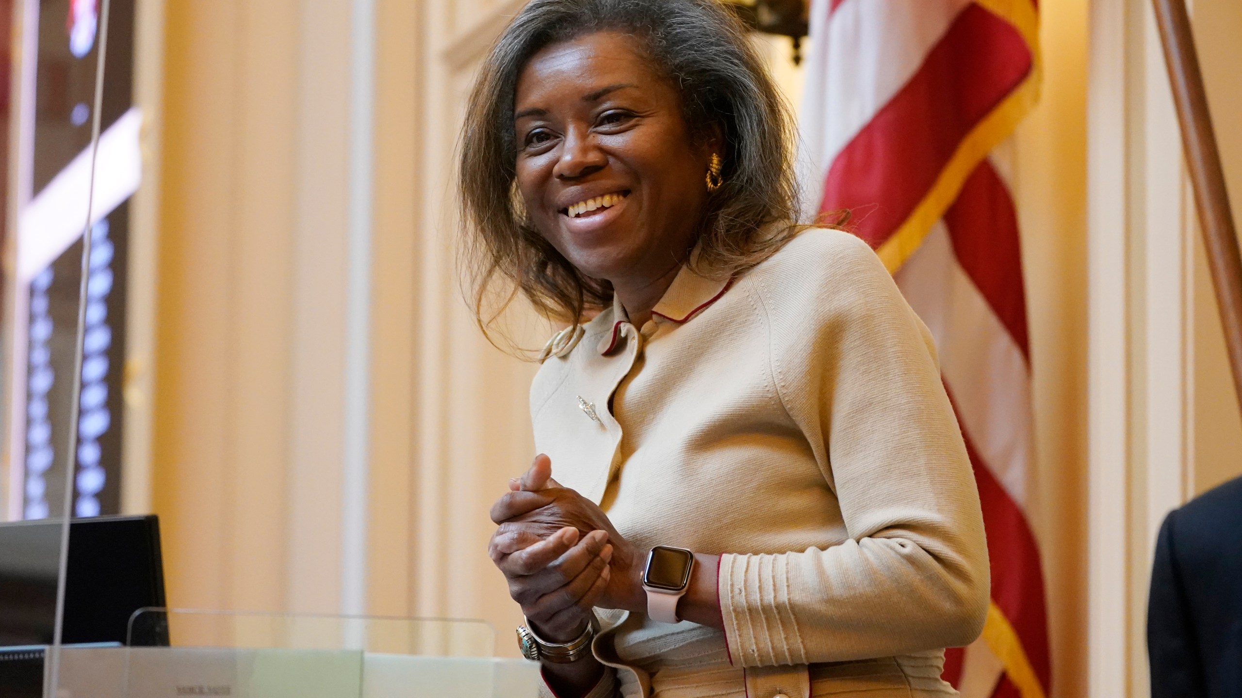 FILE - Virginia Lt. Gov. Winsome Earle-Sears greets visitors prior to the start of the Senate Session at the Virginia Capitol, Jan. 25, 2022, in Richmond, Va. (AP Photo/Steve Helber, File)