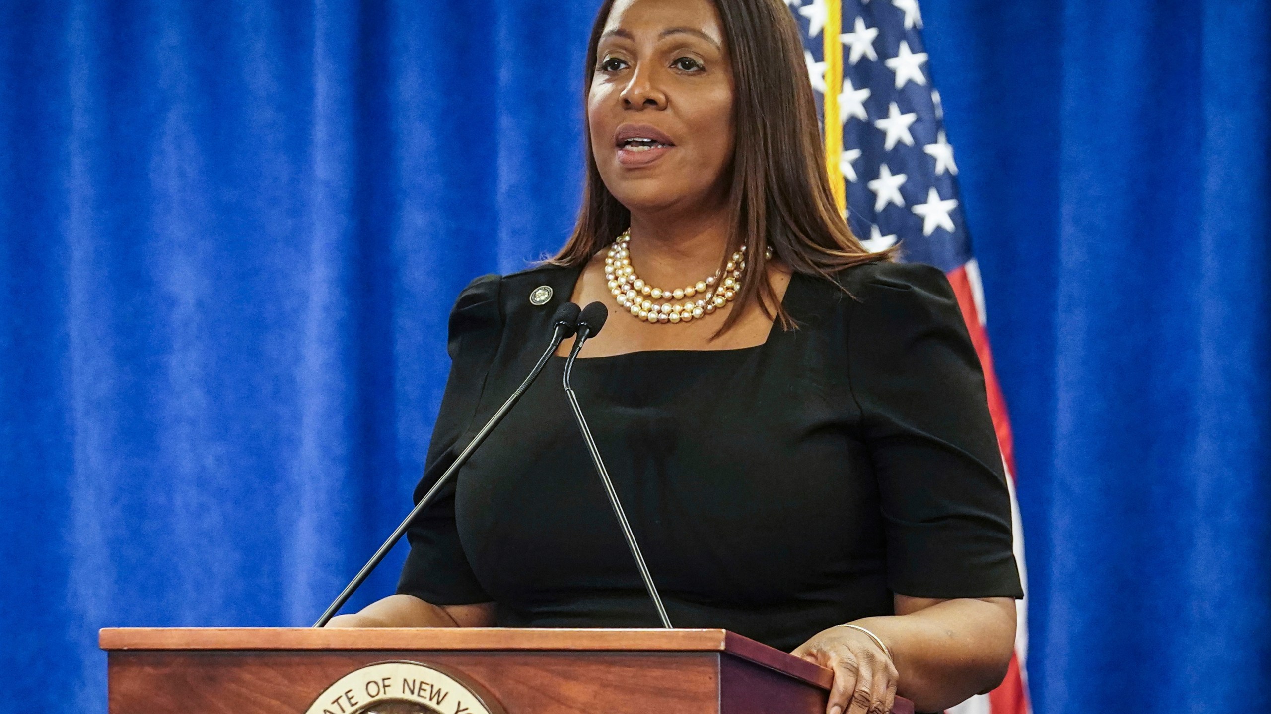FILE - New York Attorney General Letitia James speaks, Feb. 16, 2024, in New York. (AP Photo/Bebeto Matthews, File)