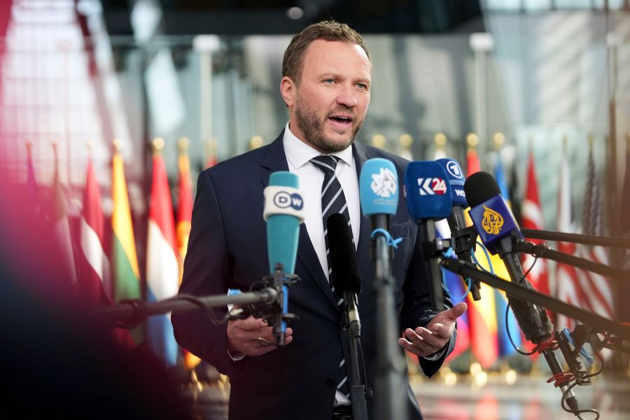 FILE - Estonia's Foreign Minister Margus Tsahkna speaks with the media as he arrives for a meeting of NATO foreign ministers at NATO headquarters in Brussels, April 3, 2025. (AP Photo/Virginia Mayo, File)