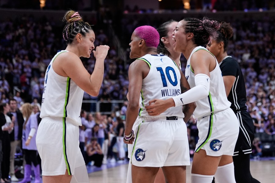 From left, Minnesota Lynx's Kayla McBride, Courtney Williams and Napheesa Collier celebrate after the team's victory over the Golden State Valkyries in the first round of the WNBA basketball playoffs Wednesday, Sept. 17, 2025, in San Jose, Calif. (AP Photo/Godofredo A. Vásquez)