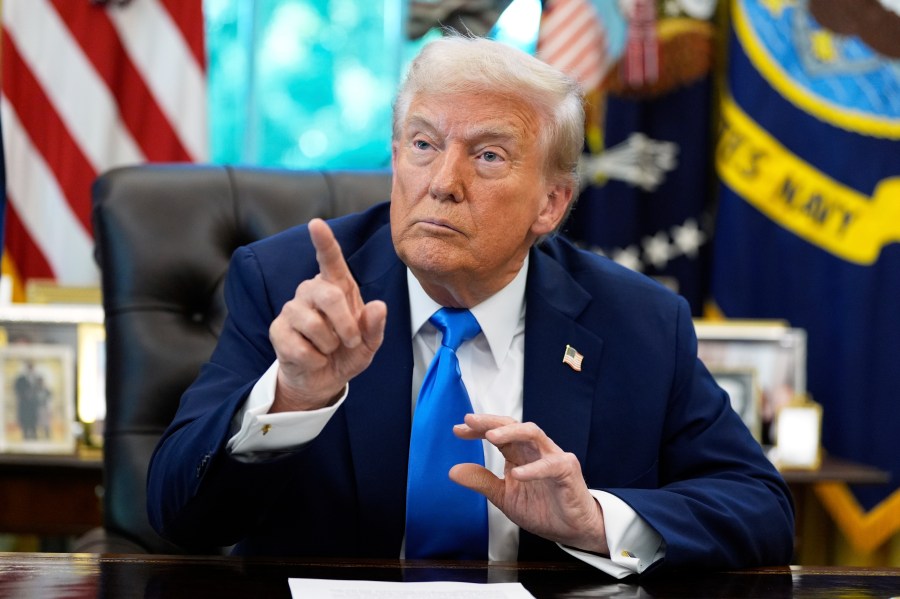 President Donald Trump speaks in the Oval Office of the White House, Friday, Sept. 19, 2025, in Washington. (AP Photo/Alex Brandon)
