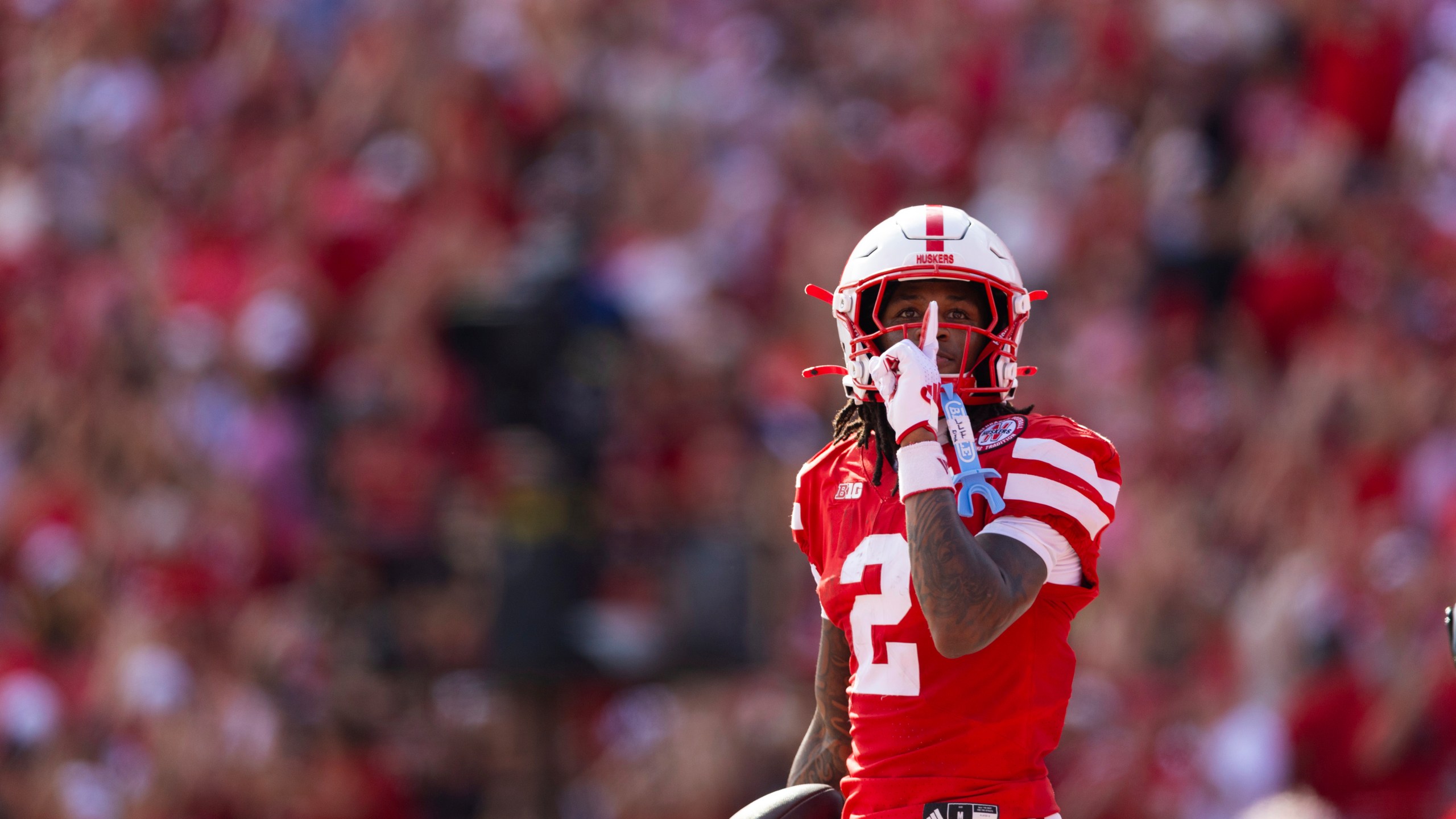 Nebraska wide receiver Jacory Barney Jr. (2) celebrates his touchdown against Michigan during the first half of an NCAA college football game Saturday, Sept. 20, 2025, in Lincoln, Neb. (AP Photo/Rebecca S. Gratz)