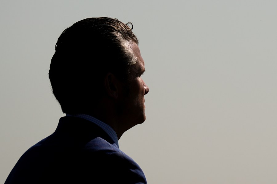 Defense Secretary Pete Hegseth reviews troops during the POW/MIA National Recognition Day Ceremony at the Pentagon, Friday, Sept. 19, 2025, in Washington. (AP Photo/Julia Demaree Nikhinson)