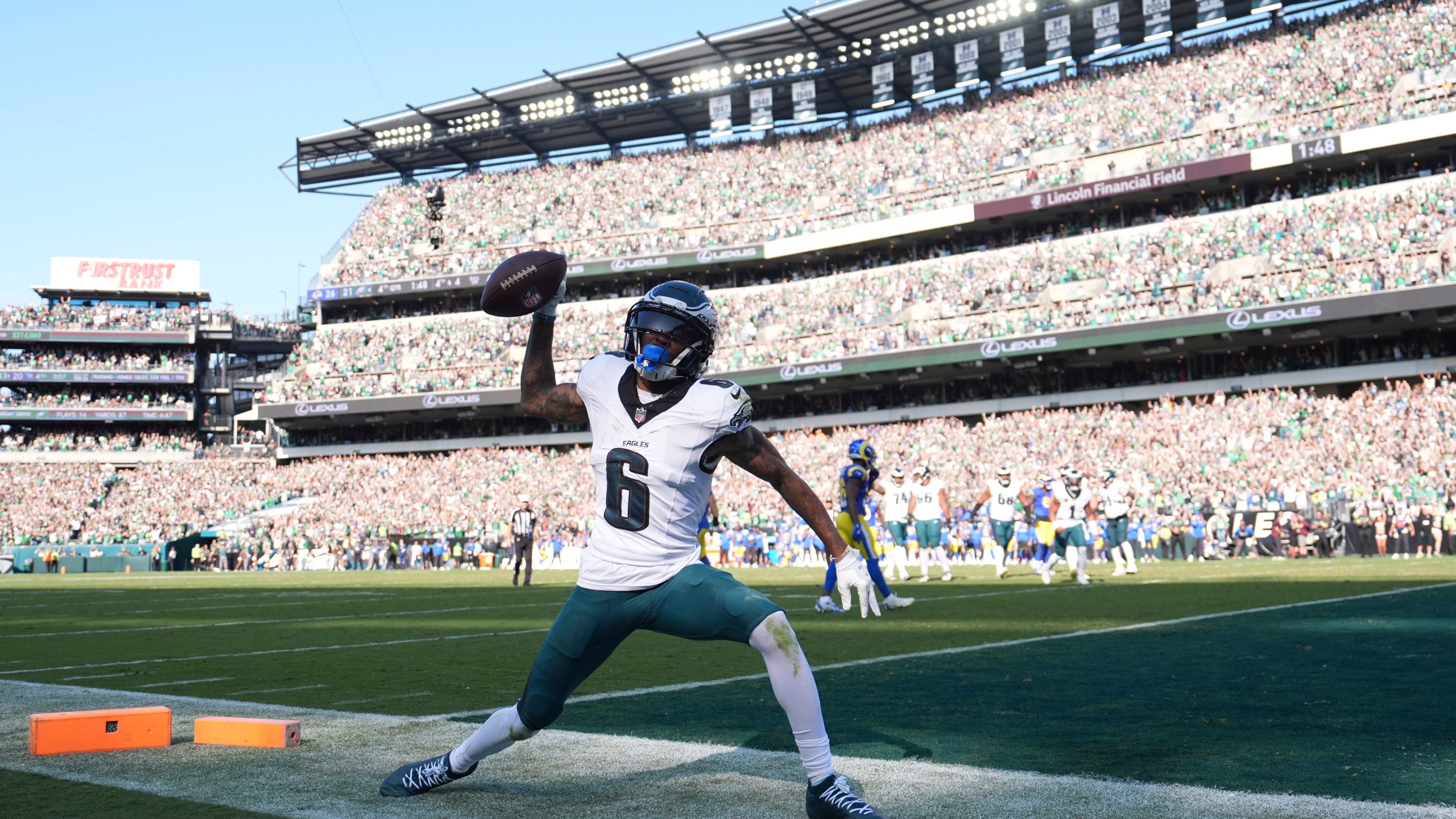 Philadelphia Eagles wide receiver DeVonta Smith celebrates after scoring during the second half of an NFL football game against the Los Angeles Rams Sunday, Sept. 21, 2025, in Philadelphia. (AP Photo/Matt Slocum)