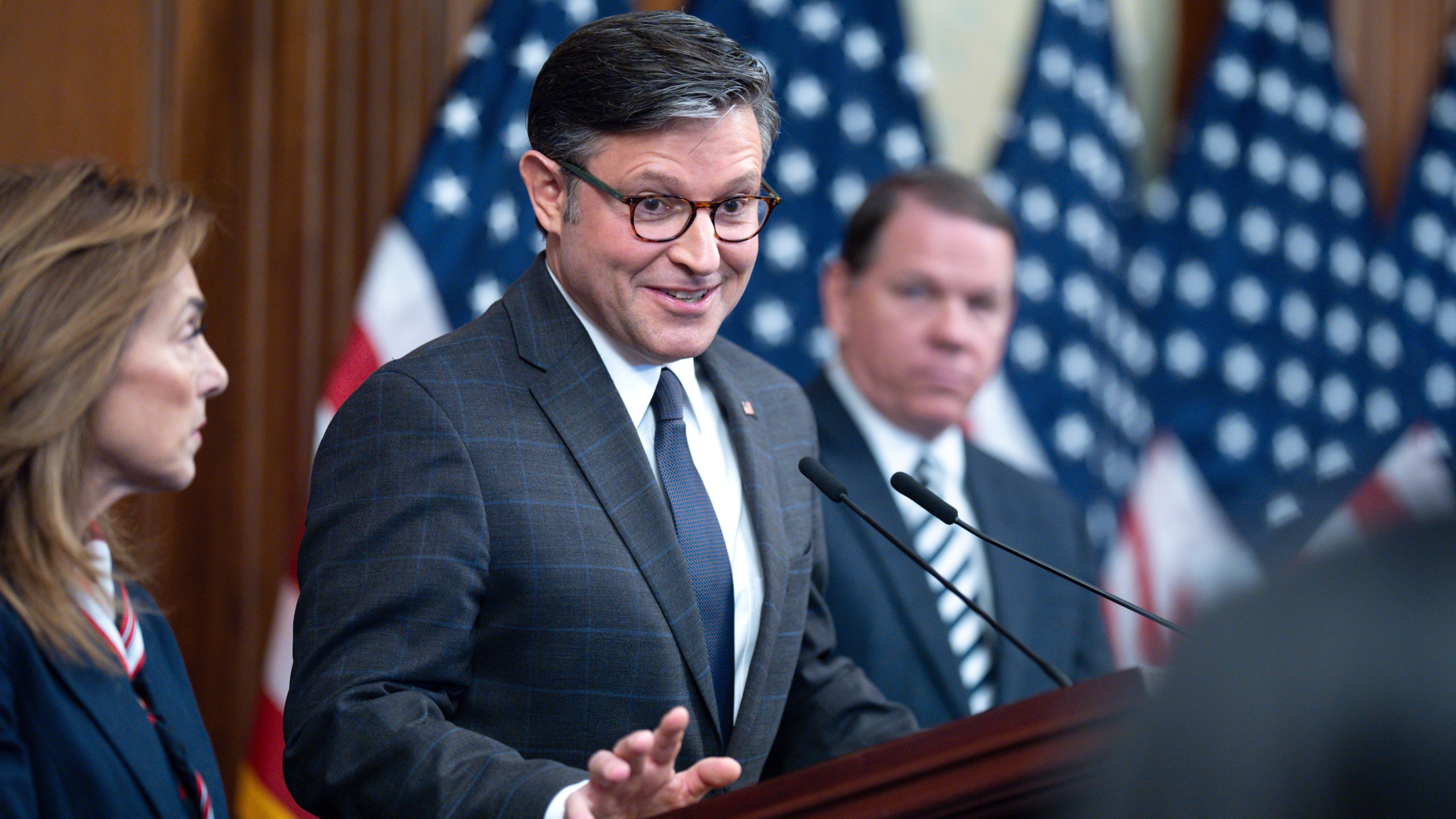 Speaker of the House Mike Johnson, R-La., holds a news conference on day 23 of the government shutdown, at the Capitol in Washington, Thursday, Oct. 23, 2025. (AP Photo/J. Scott Applewhite)