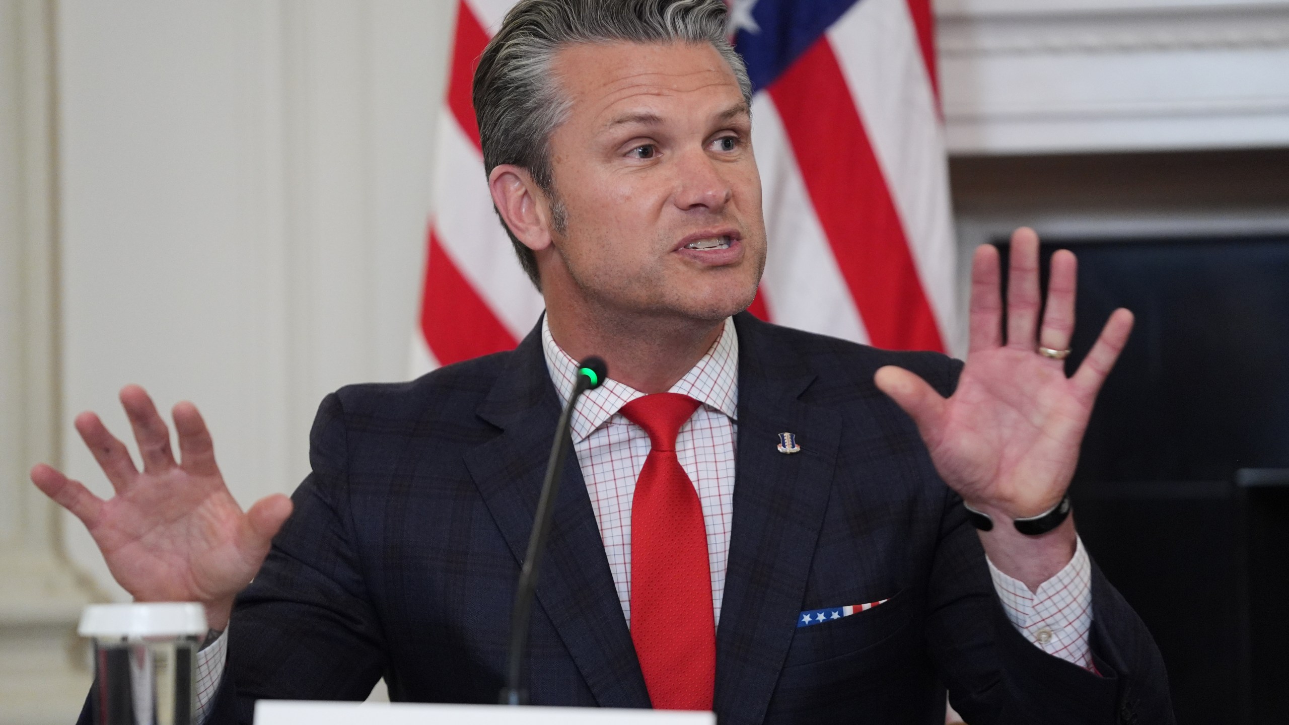 Defense Secretary Pete Hegseth speaks during a roundtable on criminal cartels with President Donald Trump in the State Dining Room of the White House, Thursday, Oct. 23, 2025, in Washington. (AP Photo/Evan Vucci)