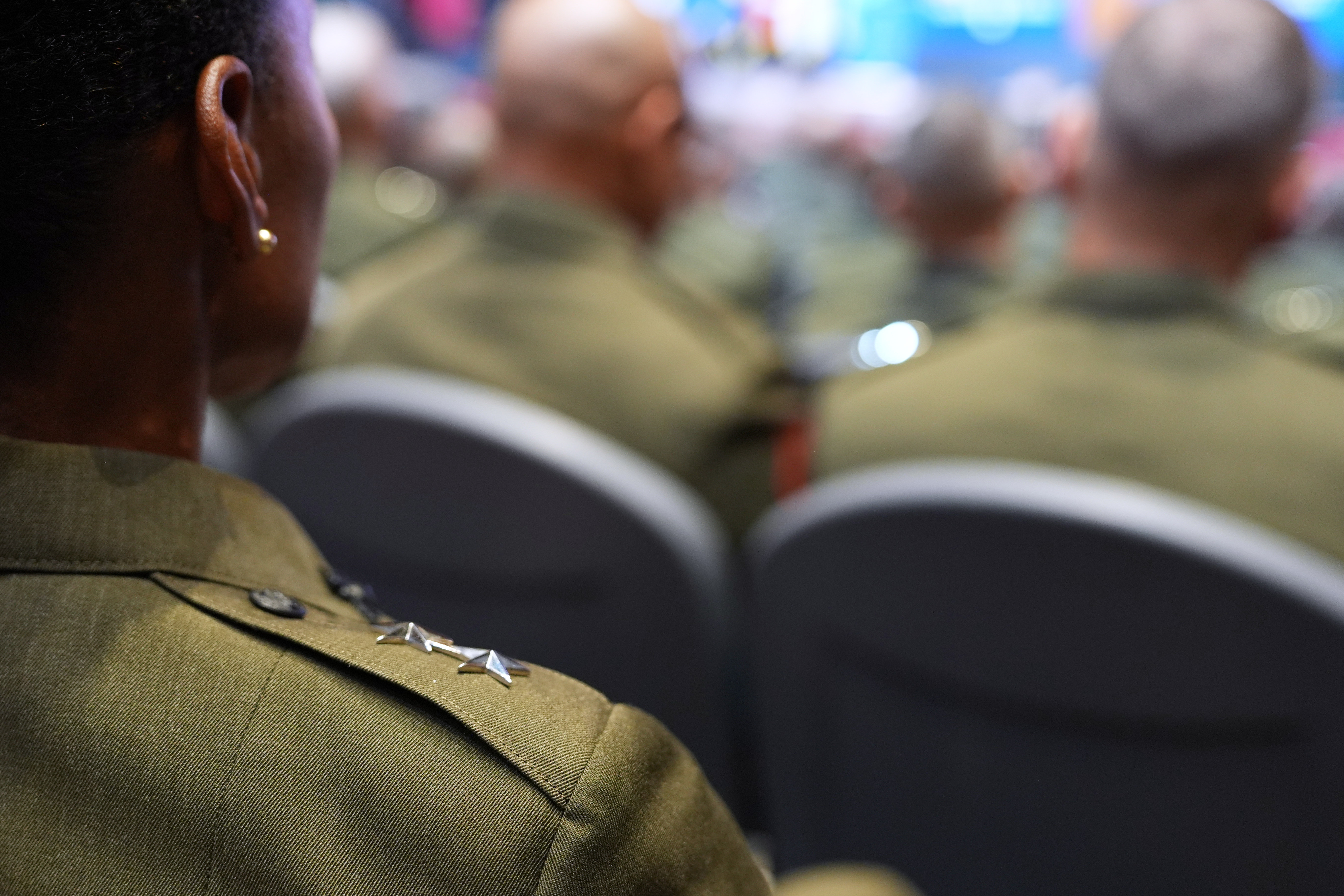 U.S. military senior leadership listen as President Donald Trump speaks at Marine Corps Base Quantico, Tuesday, Sept. 30, 2025 in Quantico, Va. (AP Photo/Evan Vucci)
