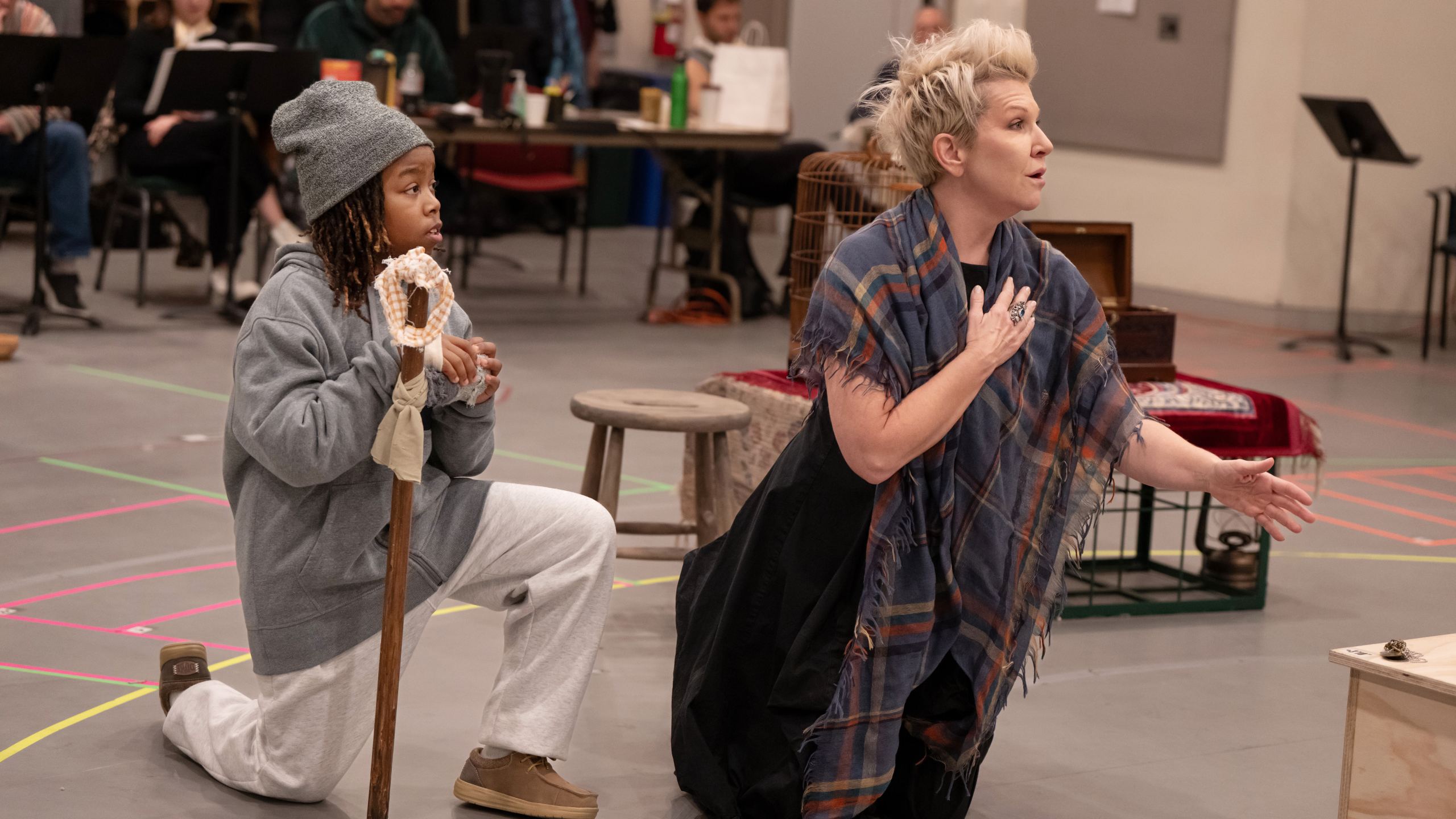 Albert "AJ" Rhodes Jr., left, and Joyce DiDonato appear during a rehearsal for Gian Carlo Menotti's opera "Amahl at the Night Visitors" at Lincoln Center Theater in New York on Dec. 5, 2025. (Julieta Cervantes/Lincoln Center Theater via AP)