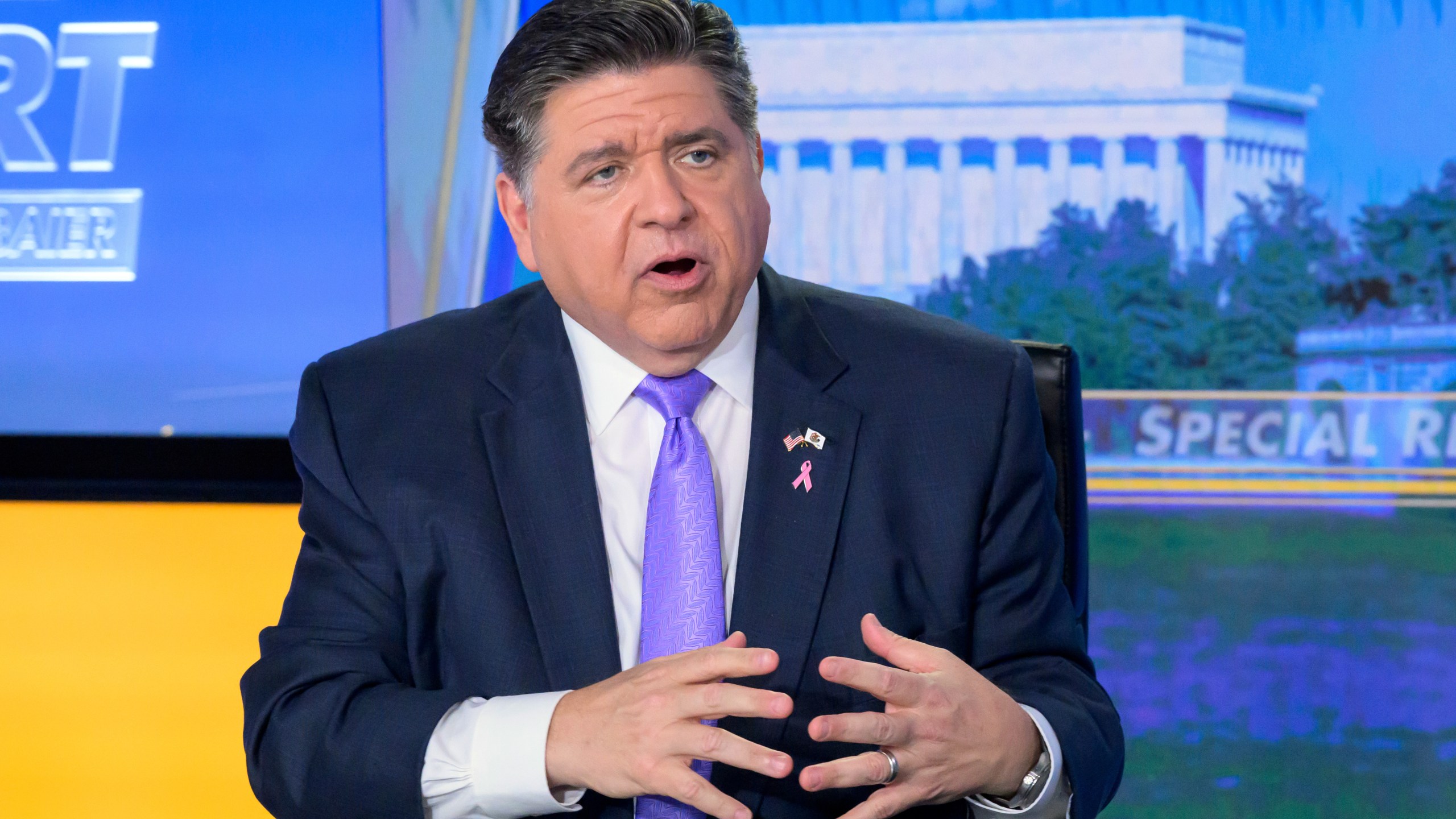 FILE - Illinois Gov. JB Pritzker speaks during a taping of FOX News Channel's Special Report with Bret Baier at the Washington bureau of FOX News, Oct. 23, 2025, in Washington. (AP Photo/Rod Lamkey, Jr., File)