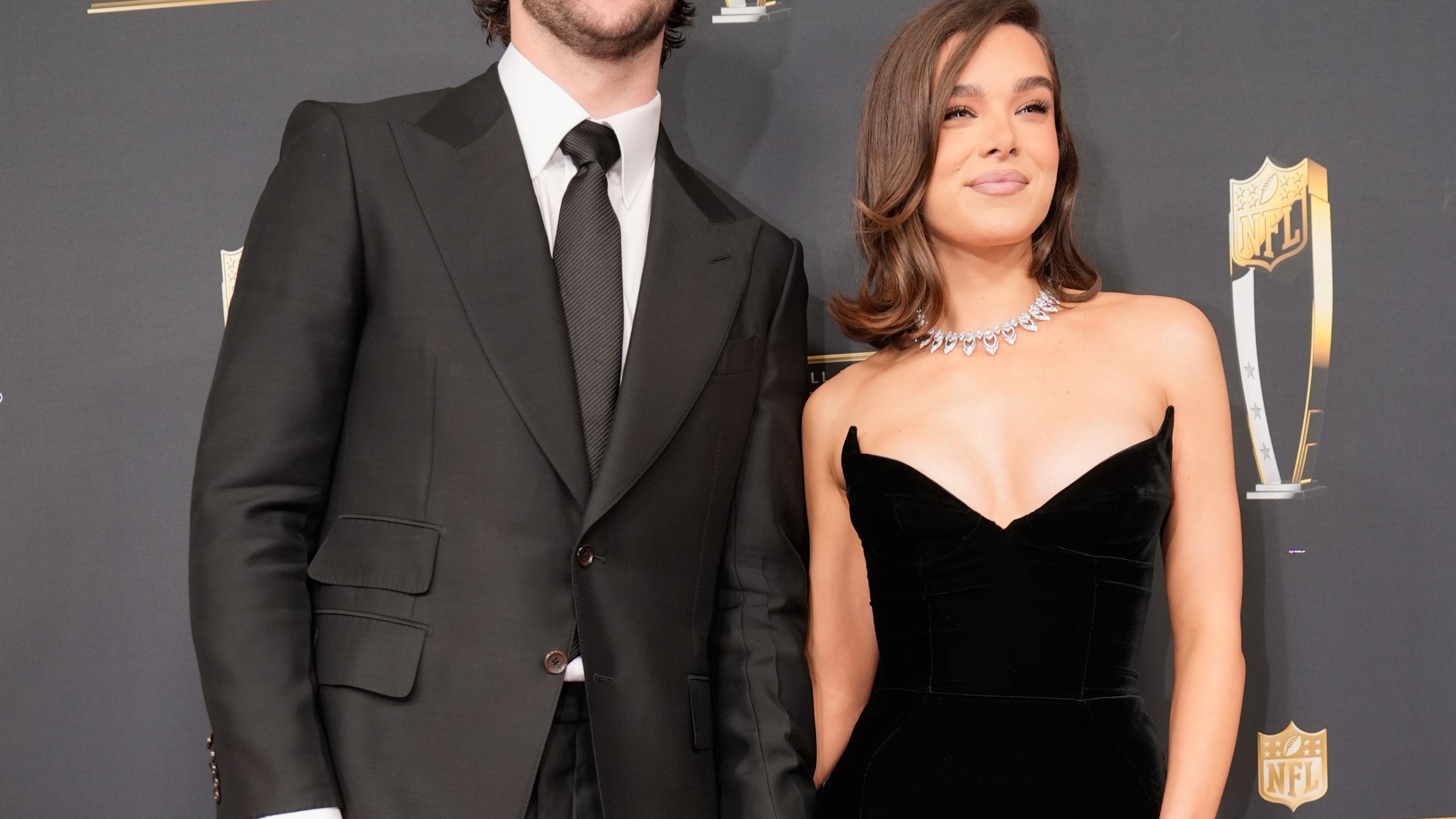 FILE - Josh Allen, of the Buffalo Bills, and his fiancé, Hailee Steinfeld, pose on the red carpet at the NFL Honors award show ahead of the Super Bowl 59 football game, Feb. 6, 2025, in New Orleans. (AP Photo/Gerald Herbert, File)