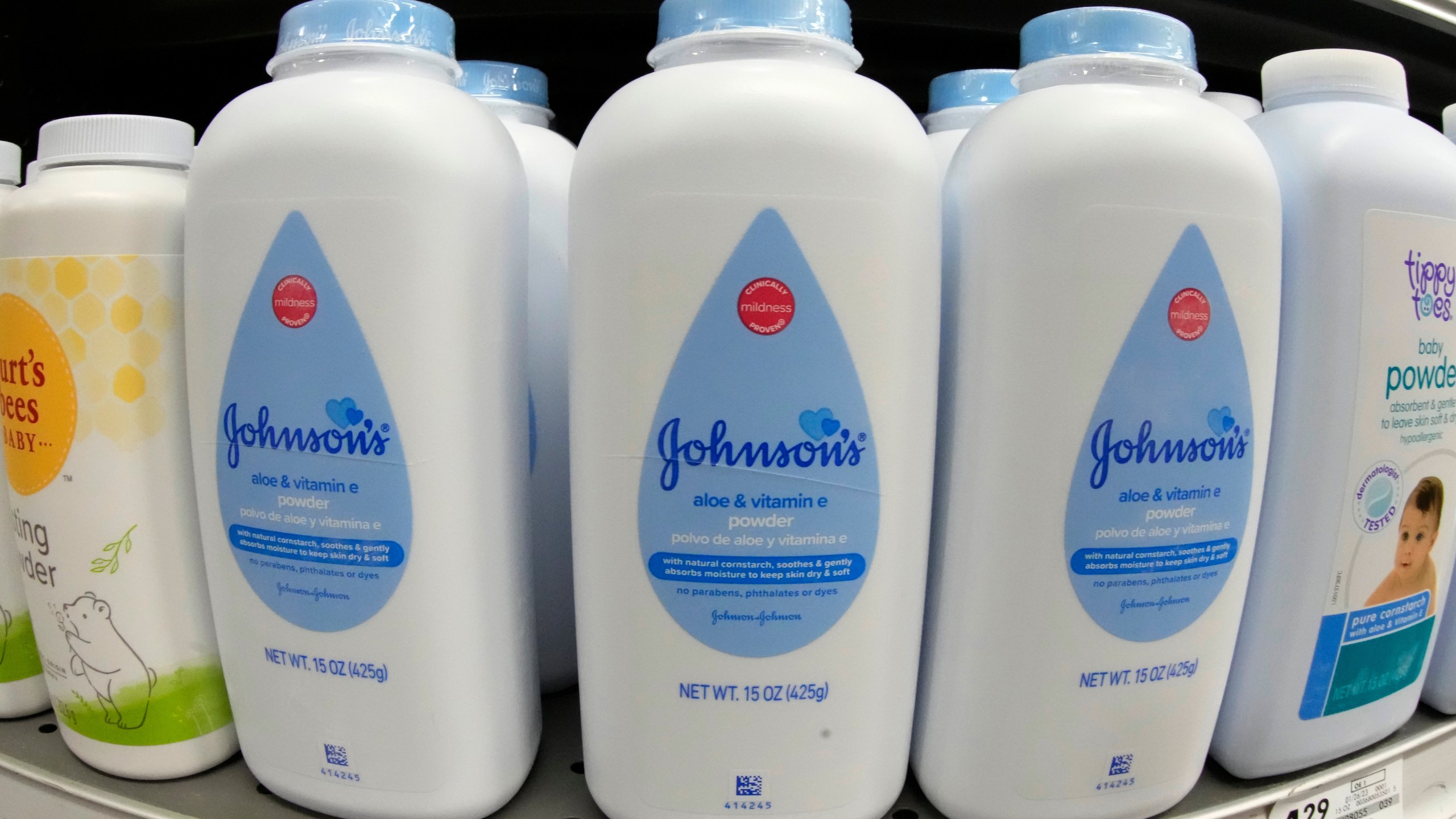 FILE - Johnson's baby powder on display at a market in Pittsburgh, Jan. 26, 2023. (AP Photo/Gene J. PuskarFile)