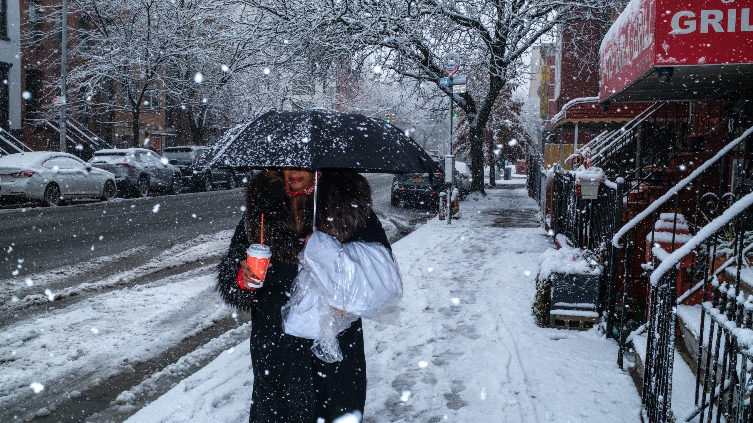 A person walks during falling snow, Sunday, Dec. 14, 2025, in the Brooklyn Borough of New York. (AP Photo/Adam Gray)