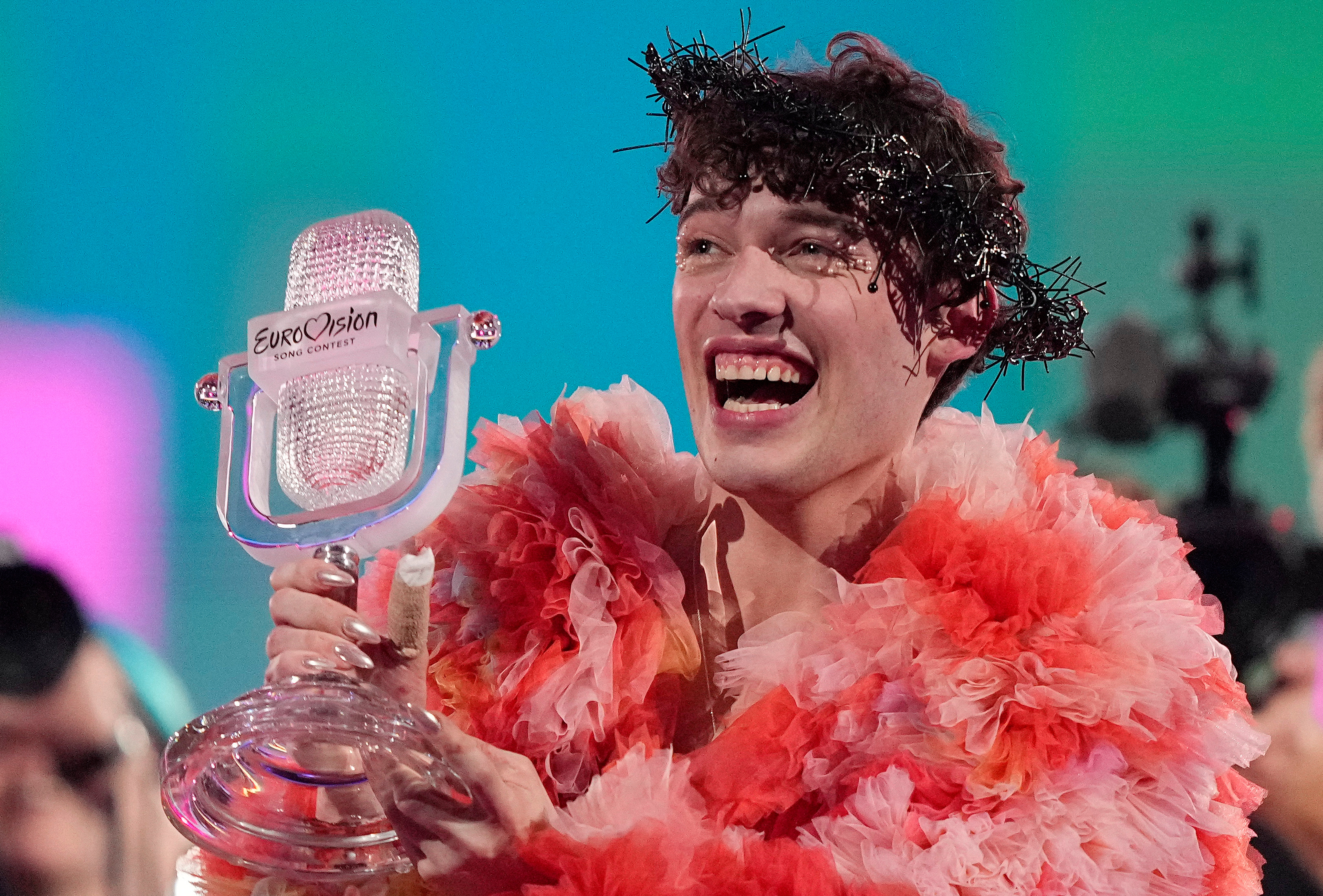 FILE - Nemo of Switzerland, celebrates after winning the Grand Final of the Eurovision Song Contest in Malmo, Sweden, on May 12, 2024. (AP Photo/Martin Meissner, File)