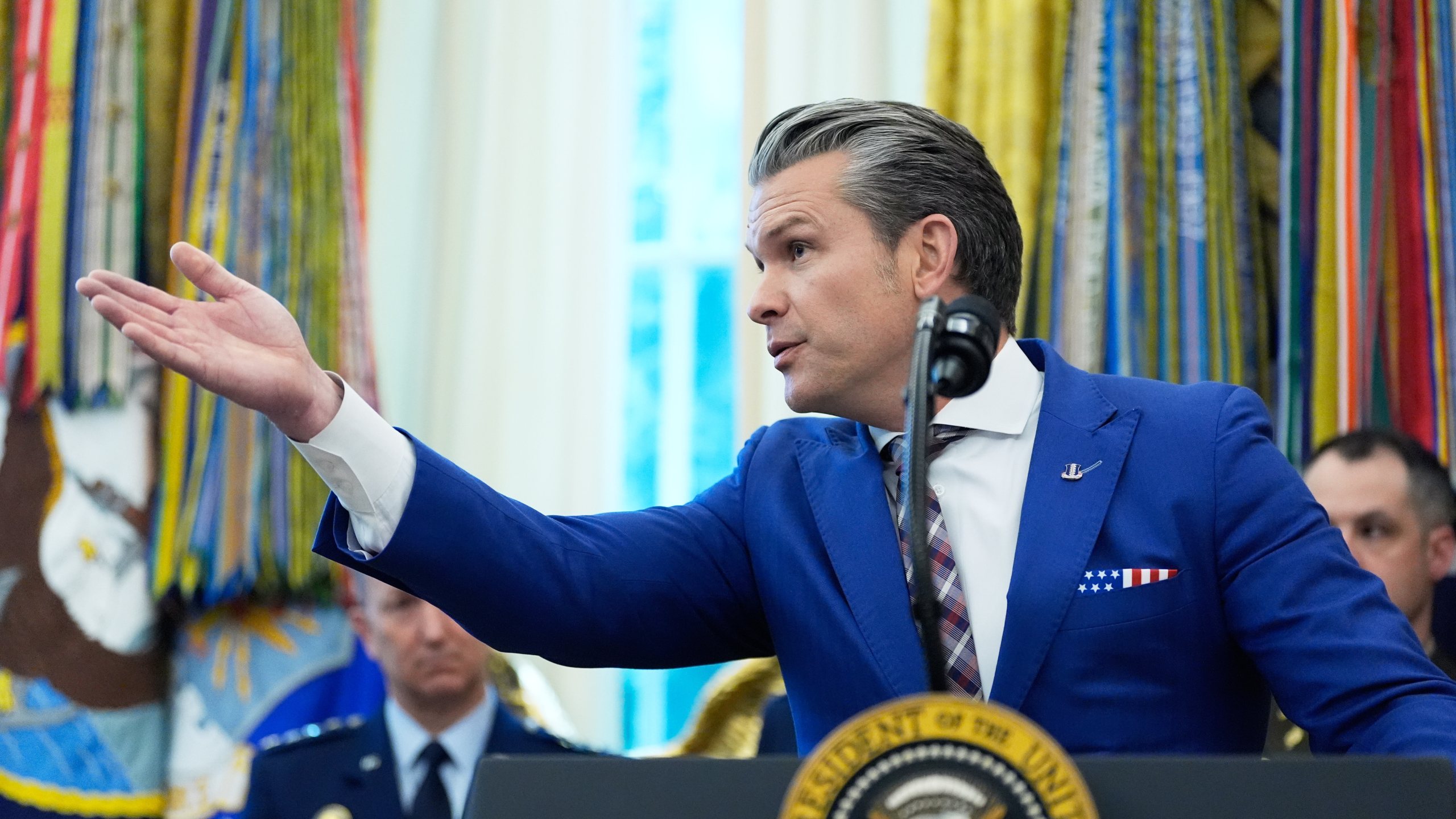 Defense Secretary Pete Hegseth speaks during a Mexican Border Defense Medal presentation in the Oval Office of the White House, Monday, Dec. 15, 2025, in Washington. (AP Photo/Alex Brandon)