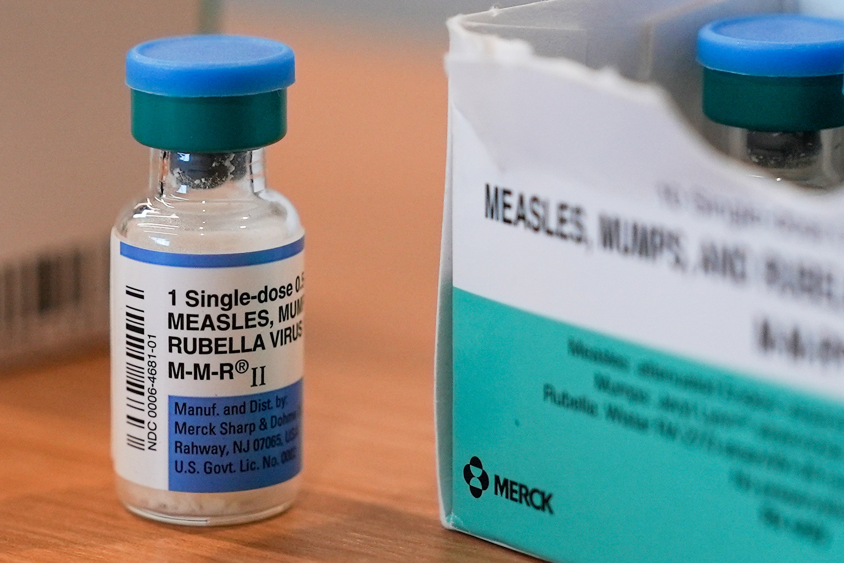 FILE - A vial of the measles, mumps and rubella vaccine is on display at the Lubbock Health Department, Feb. 26, 2025, in Lubbock, Texas. (AP Photo/Mary Conlon, File)