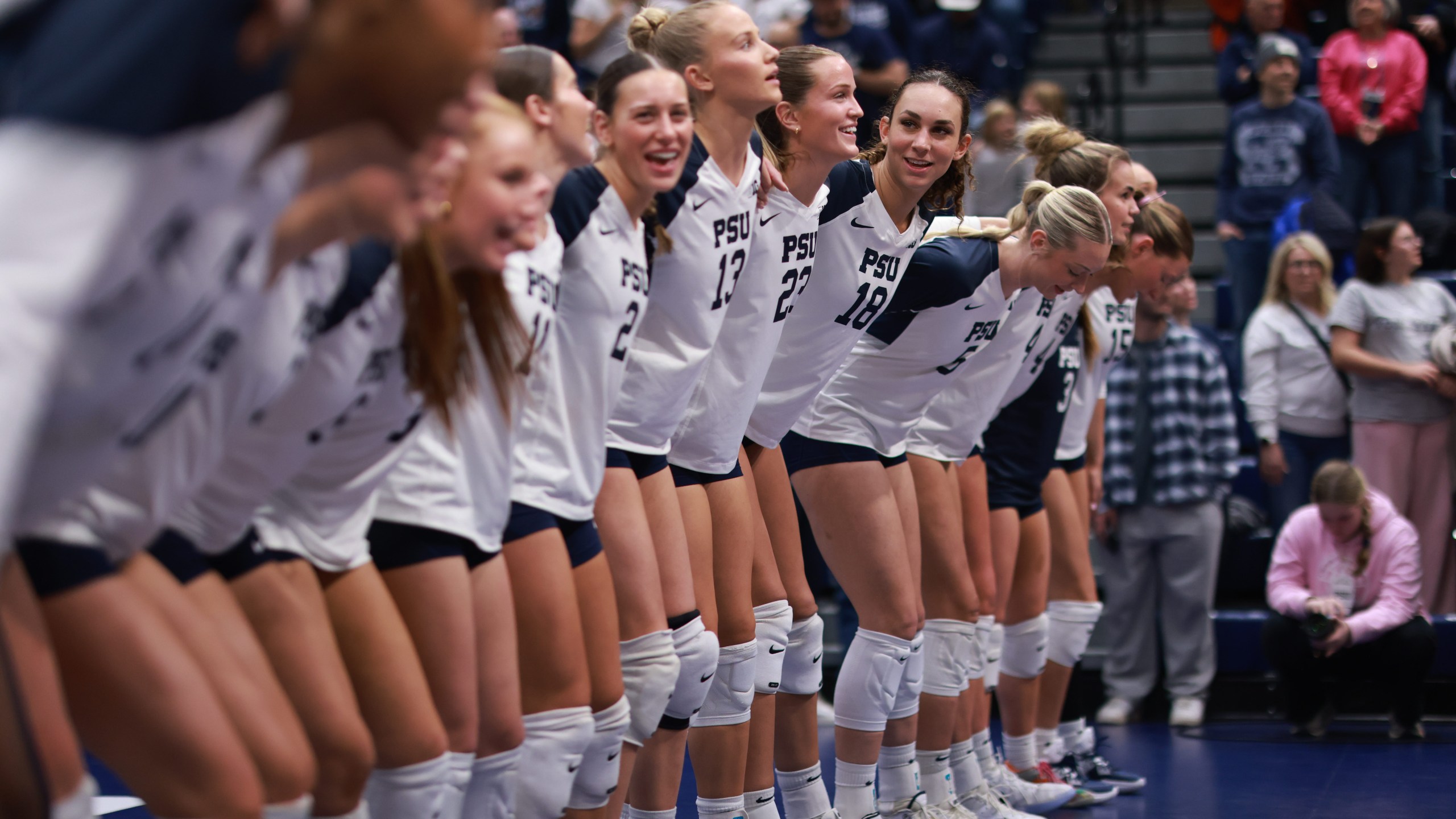 Penn State players sing the alma mater after an NCAA college volleyball game against Michigan State, Friday, Nov. 21, 2025, in State College, Pa. (AP Photo/Jared Freed)