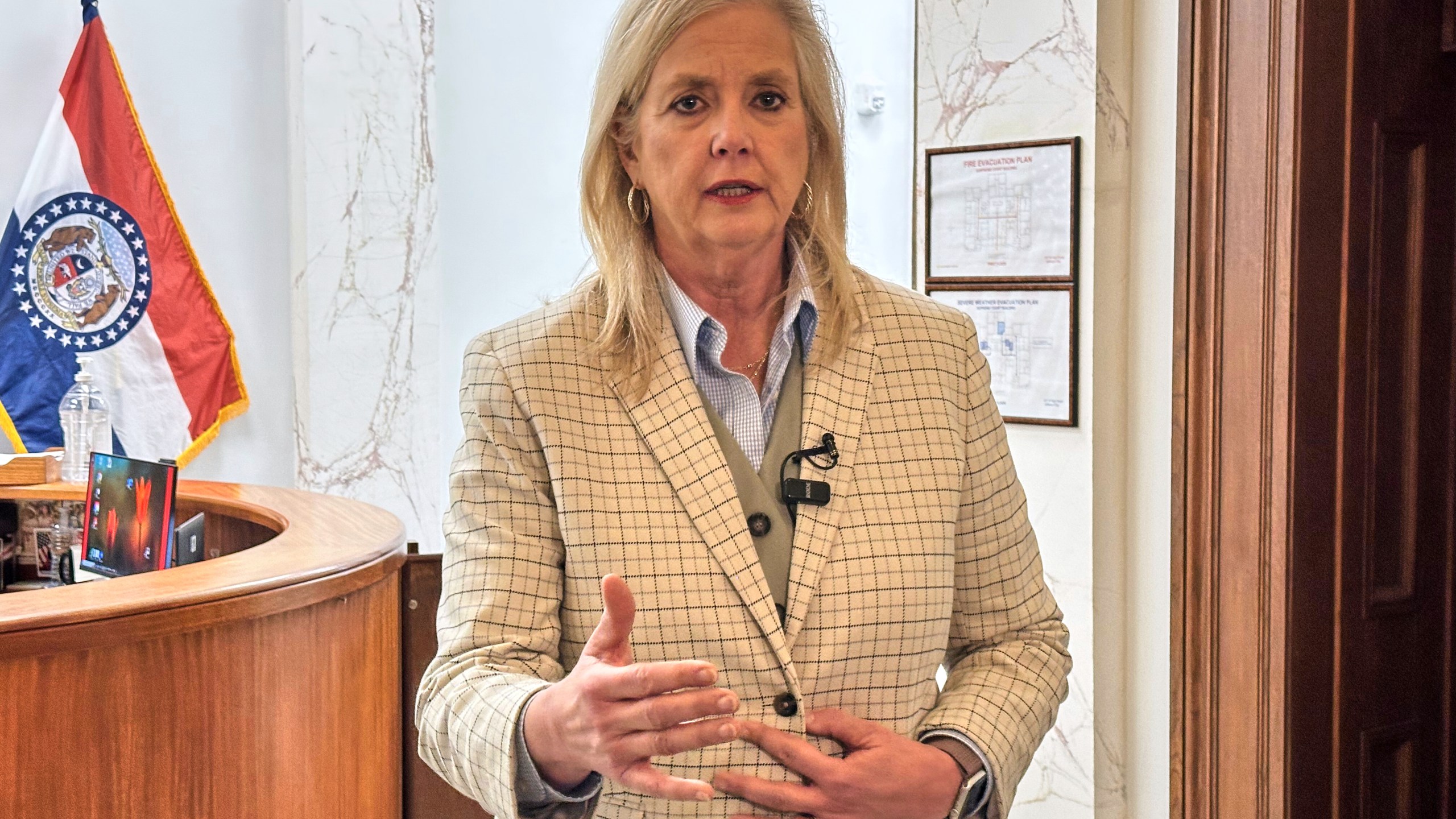 Missouri Attorney General Catherine Hanaway speaks to reporters on Wednesday, Nov. 19, 2025, at her office in Jefferson City, Mo. (AP Photo/David A. Lieb)