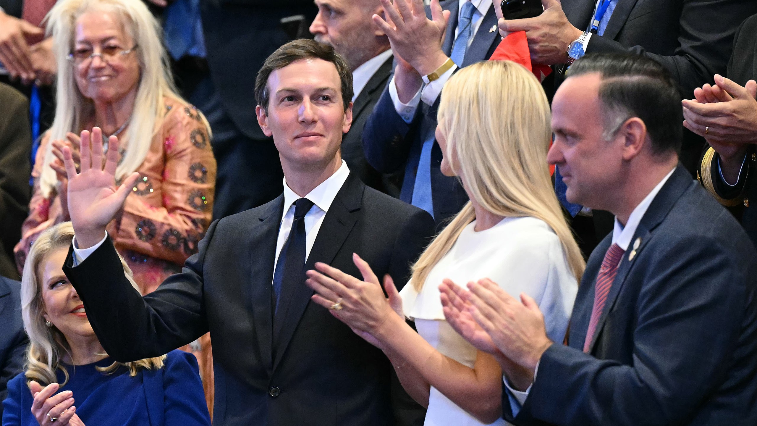 FILE - Jared Kushner with his wife, Ivanka Trump, acknowledges applause at the Israeli parliament, the Knesset, in Jerusalem, Oct. 13, 2025. (Saul Loeb/Pool via AP, File)